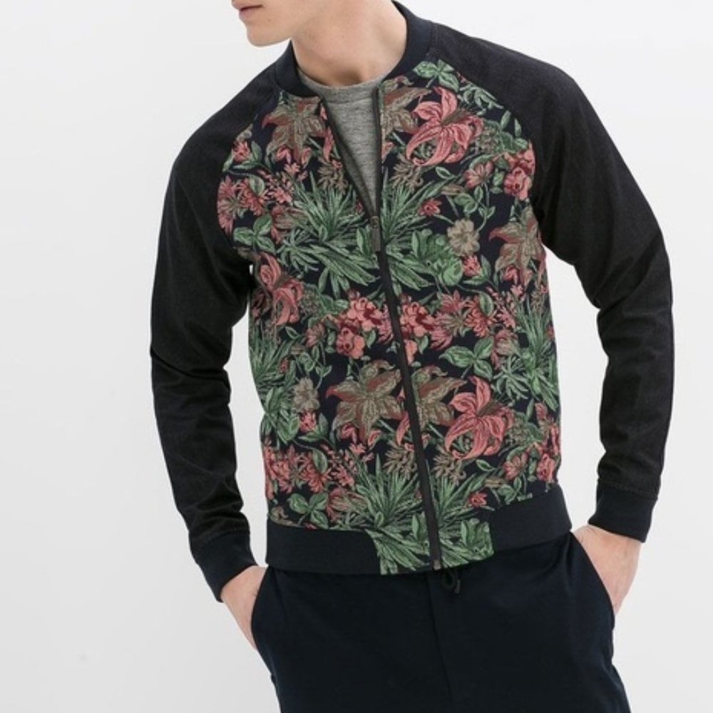 Zara Man Black Tag Denim Floral Jacquard Bomber Jacket Men's Size M